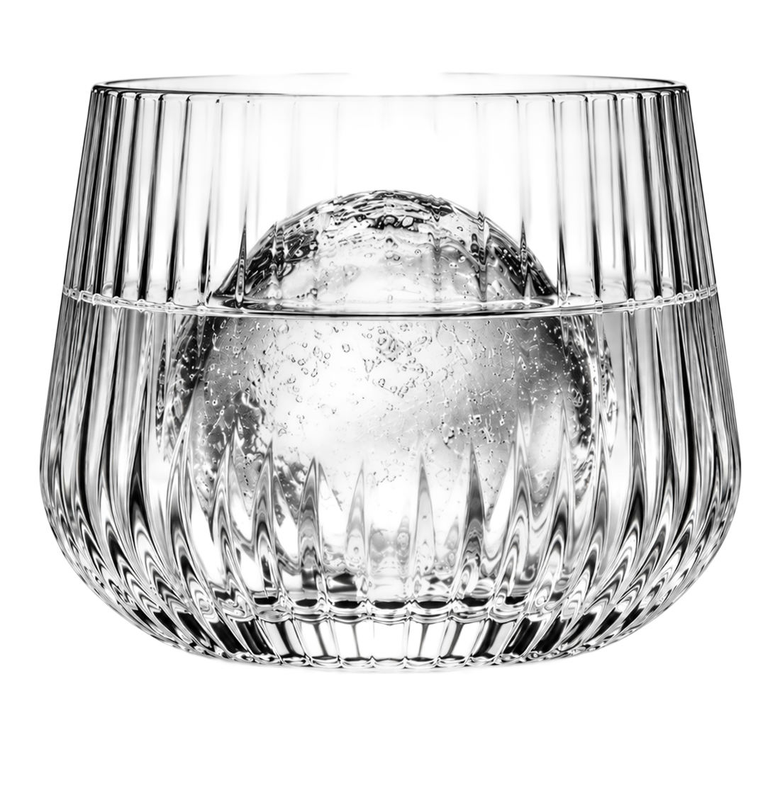 Fluted glass of VODKHER over a clear ice ball